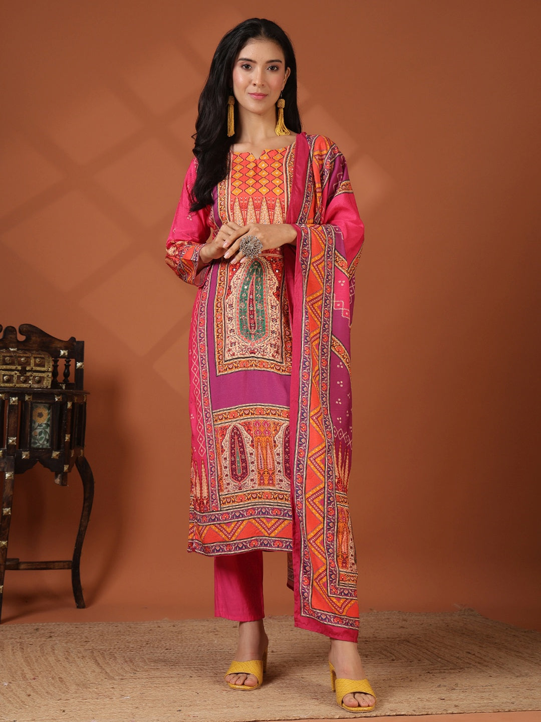 Floral Printed Art Silk Kurta With Pant &amp; Dupatta