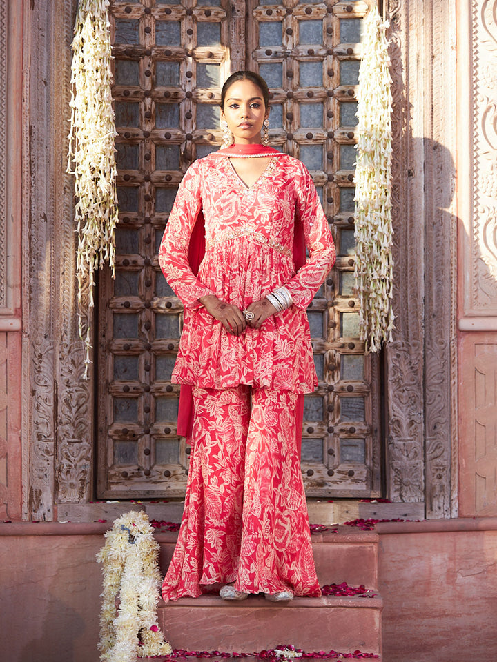 Pink Embroidered Chinon Kurta with Palazzo