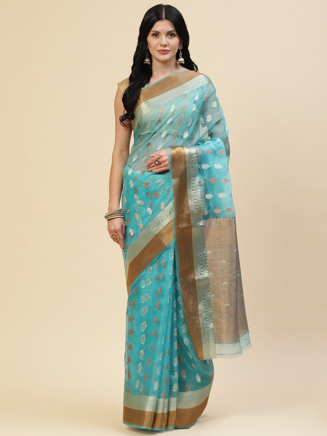 Antique Booti Organza Plain Saree
