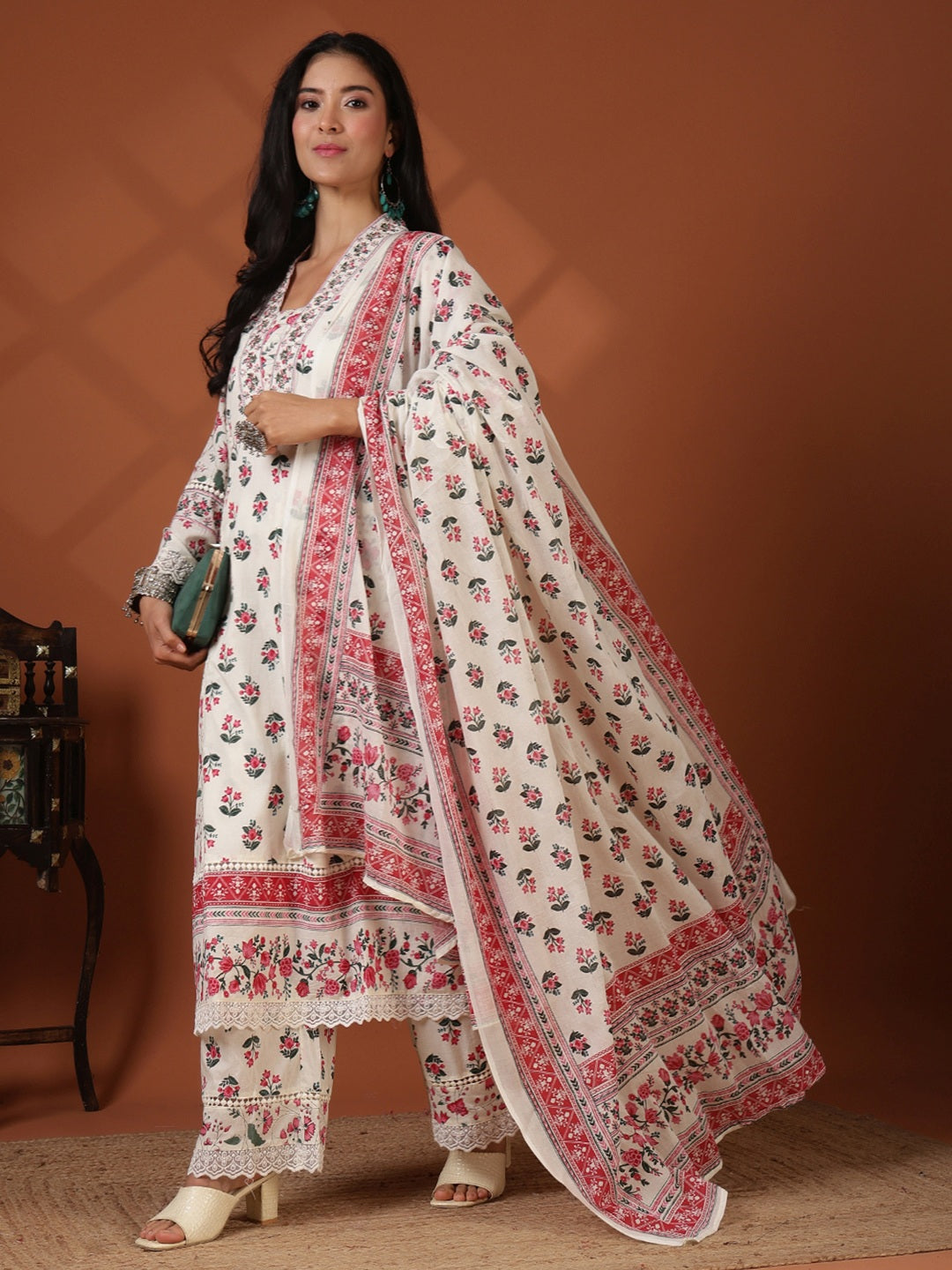 Printed Cotton Blend Kurta With Pant &amp; Dupatta