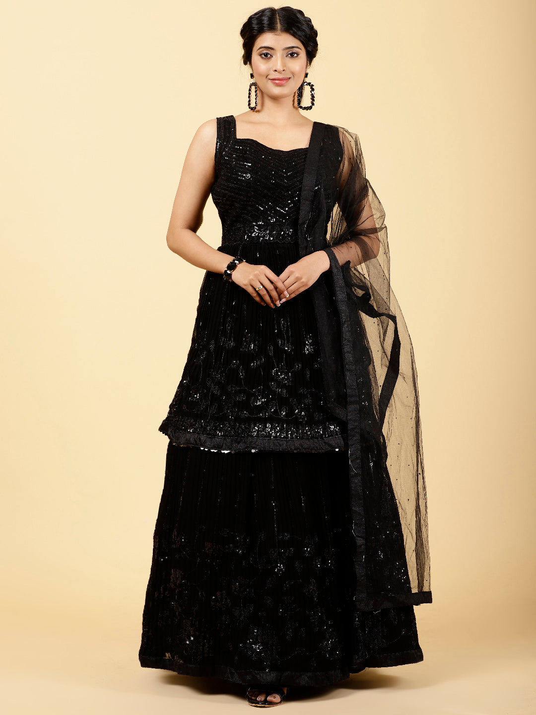 Sequin Embroidered Georgette Choli With Lehenga & Dupatta