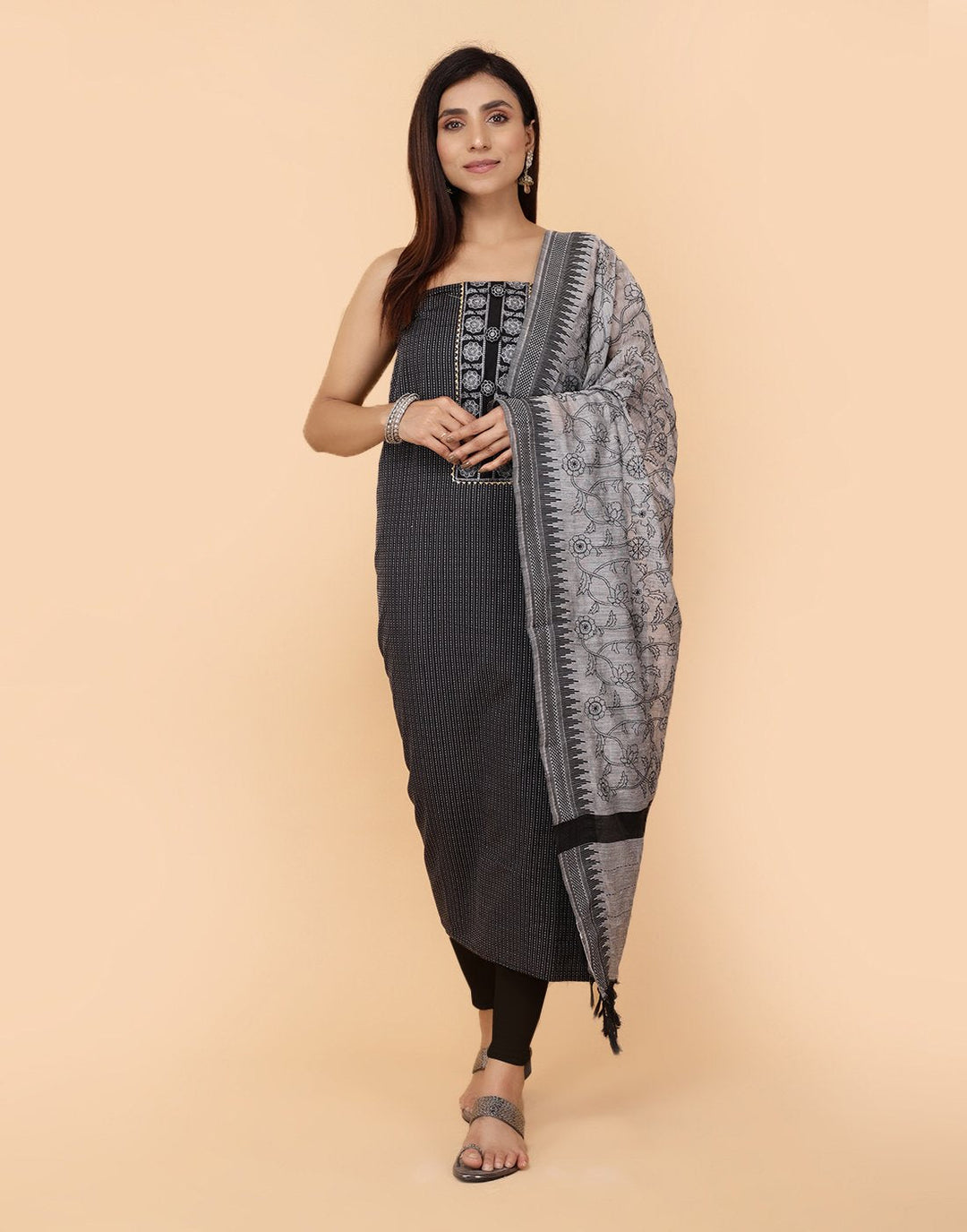 Embroidered Cotton Suit Piece With Chanderi Dupatta