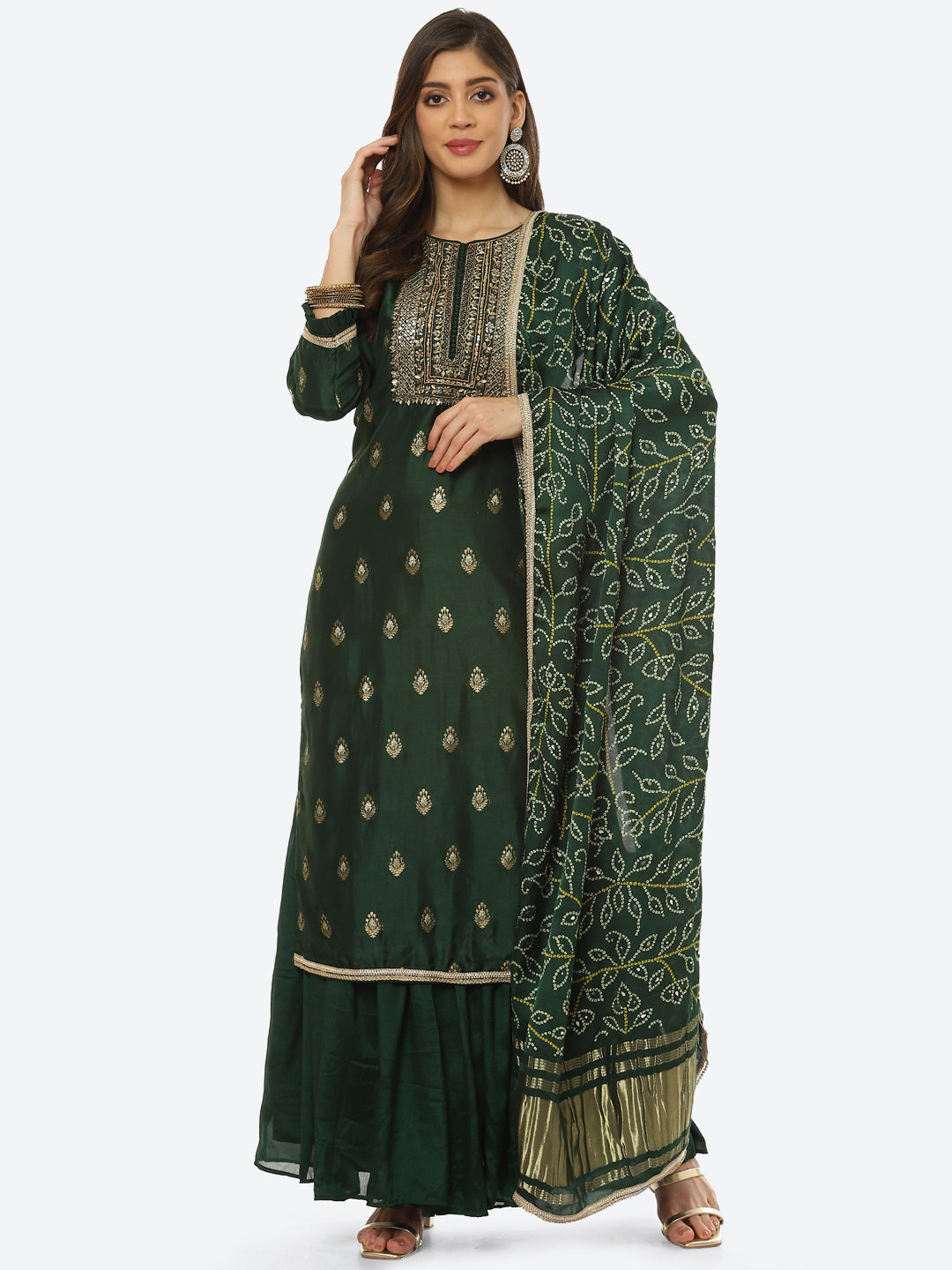 Zari Booti Neck Zari Embroidered Handloom Kurta With Palazzo & Dupatta