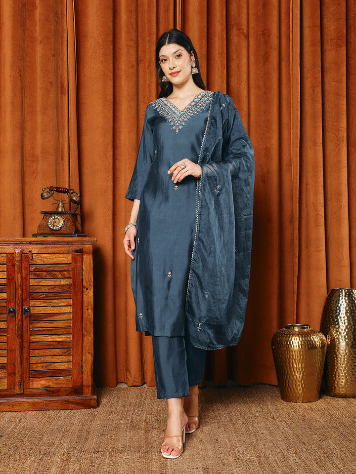 Embroidered Cotton Blend Kurta With Pants &amp; Dupatta