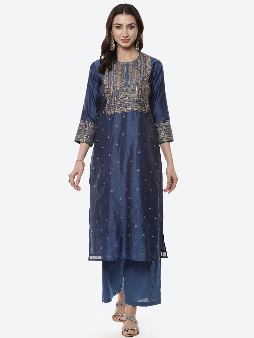 Zari Work Embroidered Chanderi Kurti With Palazzo