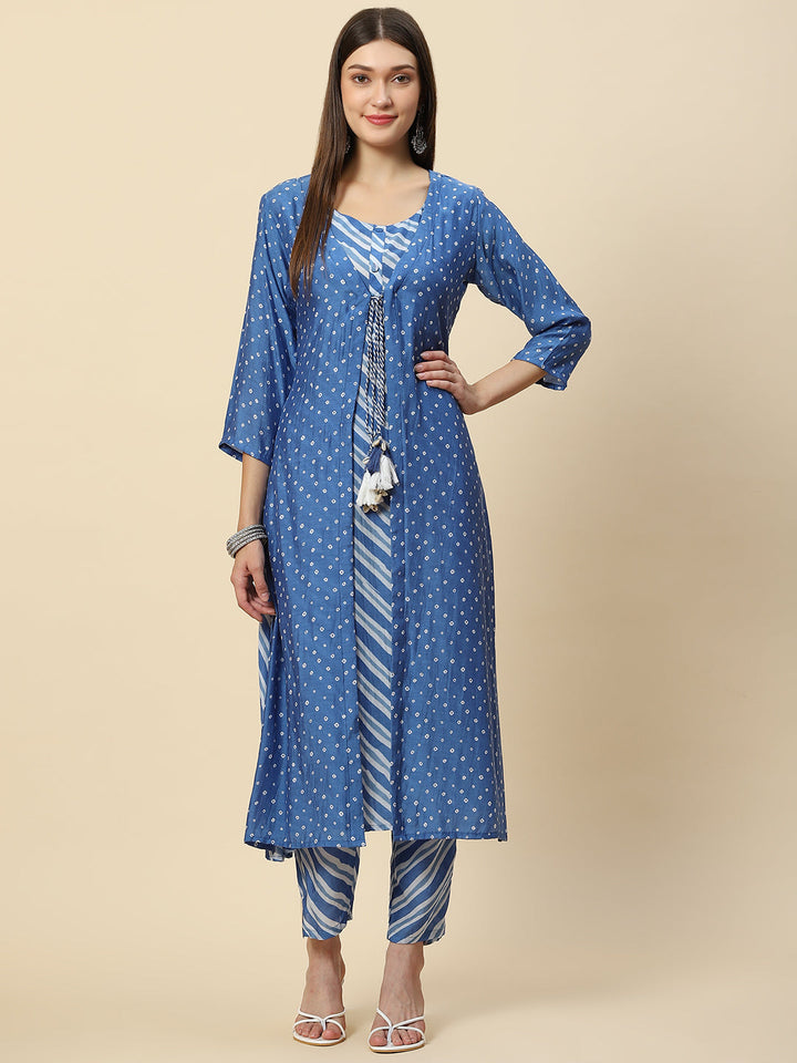 Leheriya Printed Muslin Kurta With Pants &amp; Jacket