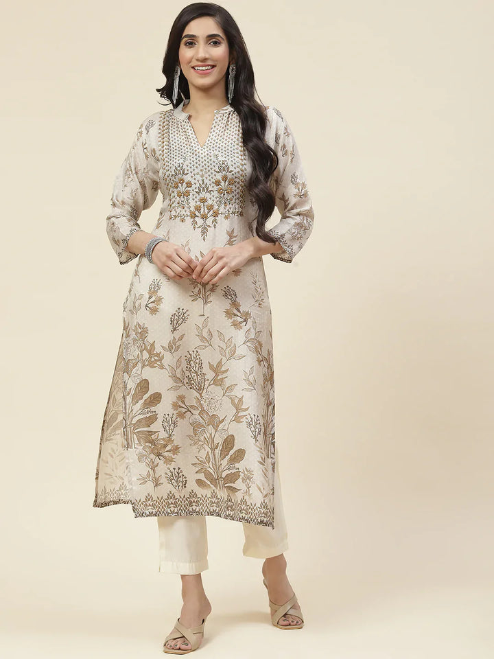 Printed With Yoke Embroidered Muslin Kurta