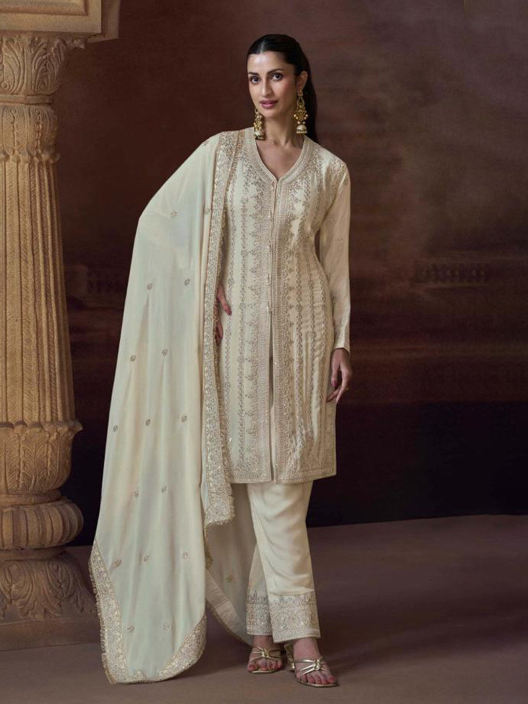 Embroidered Chinon Suit With Pant &amp; Dupatta