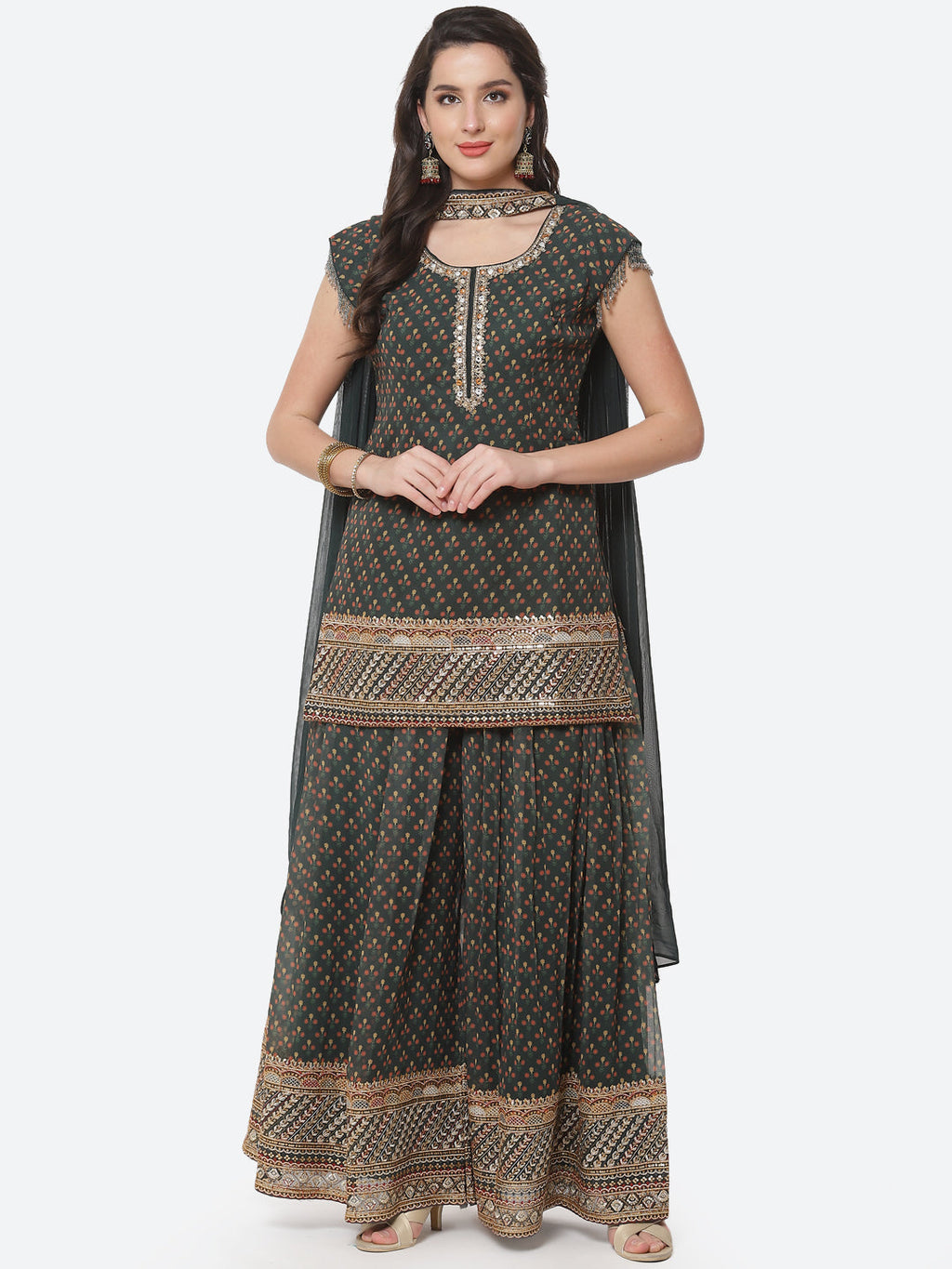 Printed Zari Border Booti Georgette Stitched Salwar Kameez With Net Dupatta