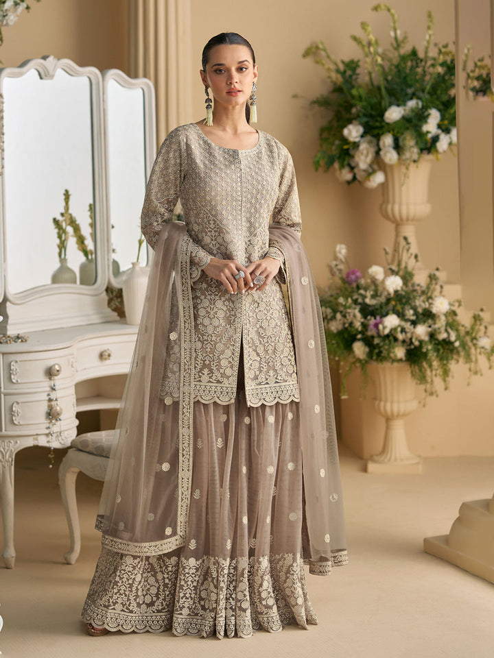 Embroidered Georgette Kurta With Sharara &amp; Dupatta