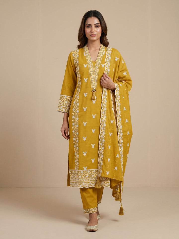 Mustard Embroidered Cotton Blend Straight Round Neck Suit Set