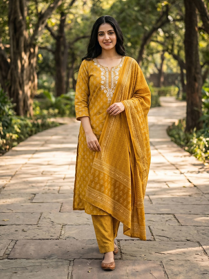 Embroidered Cotton Blend Kurta With Pant &amp; Dupatta