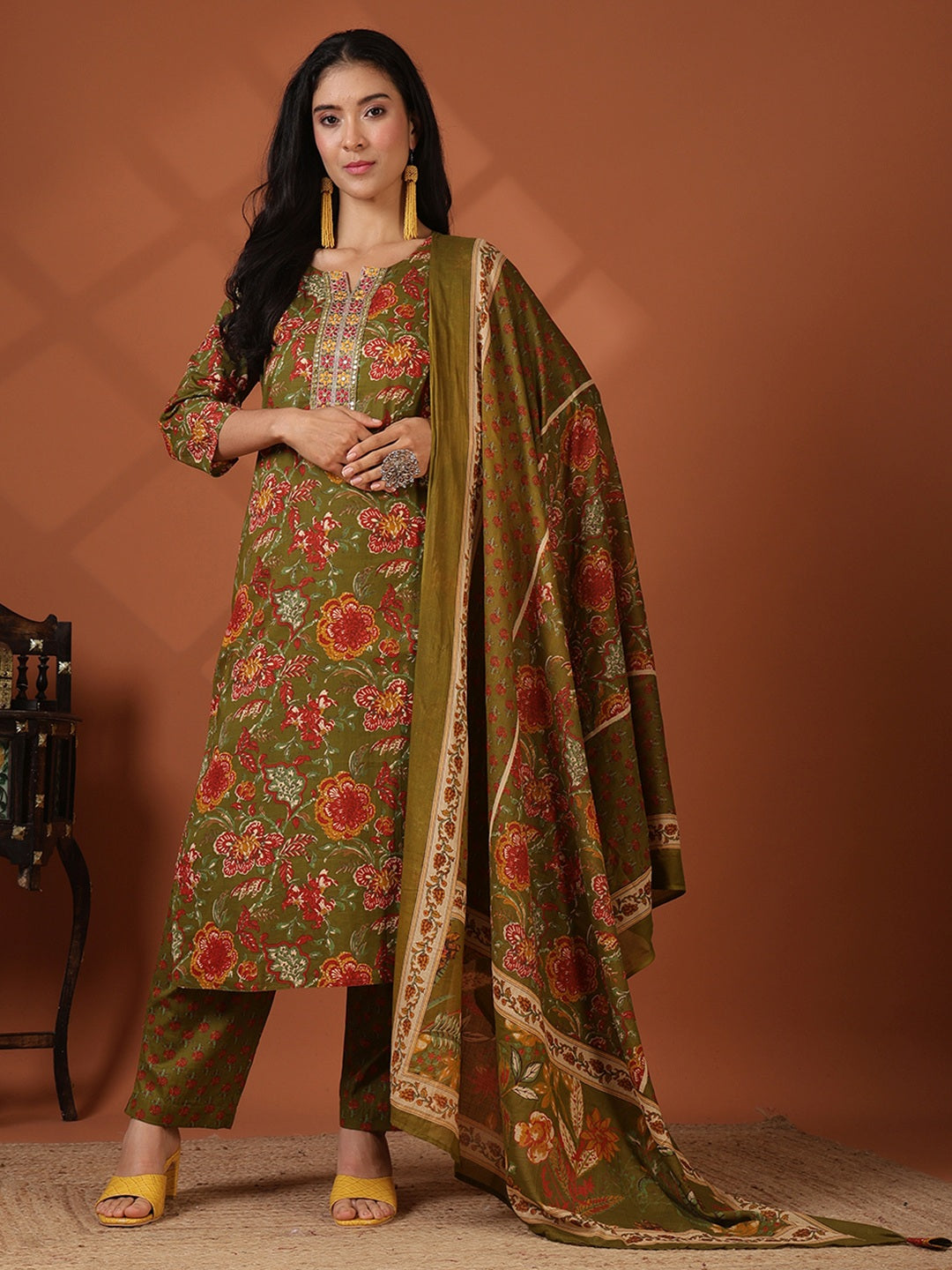 Printed Cotton Blend Kurta With Pant &amp; Dupatta