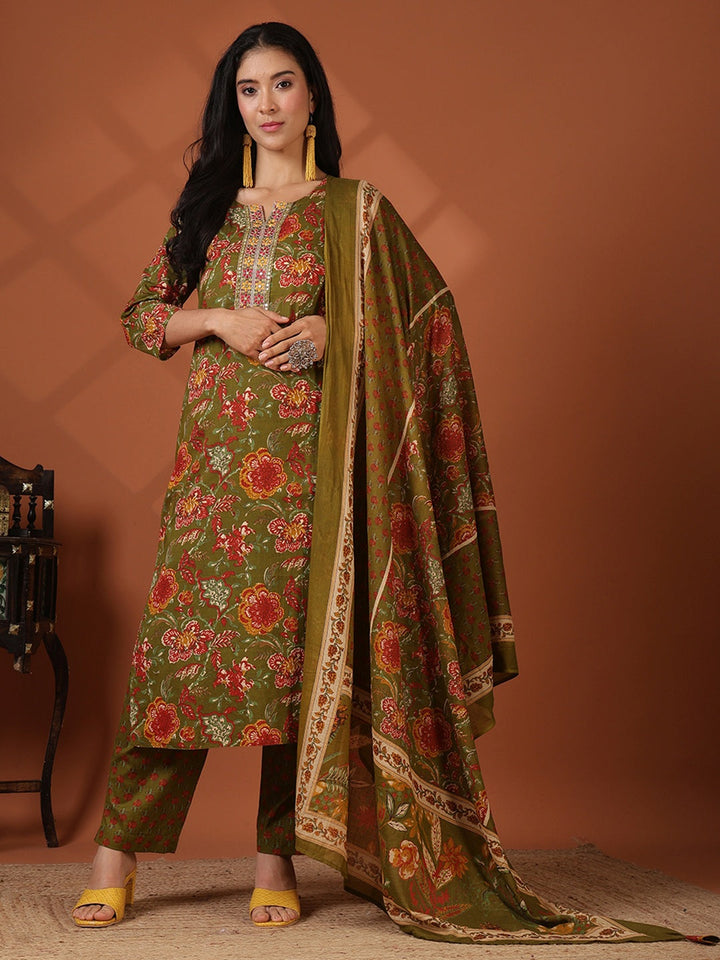 Printed Cotton Blend Kurta With Pant &amp; Dupatta