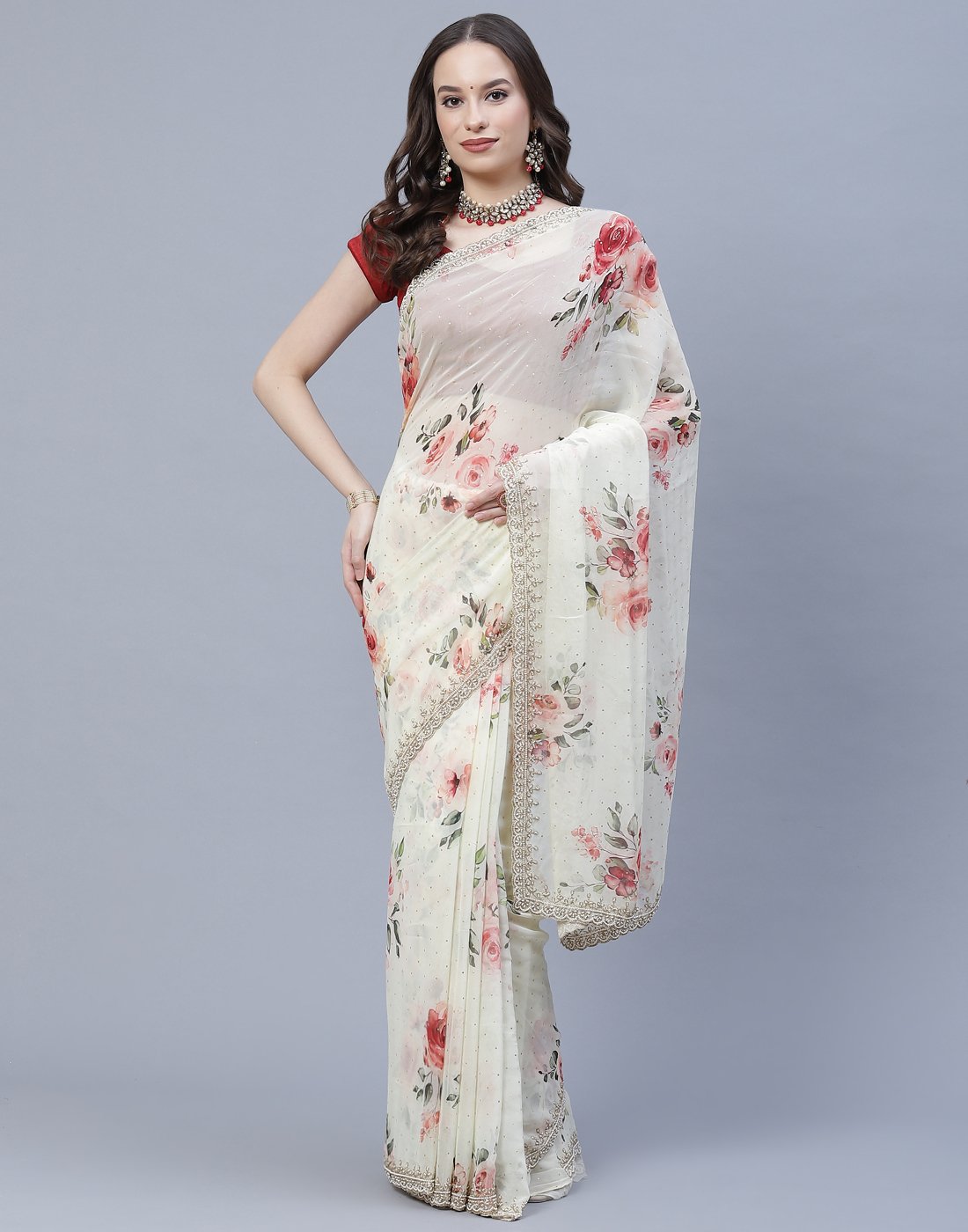 Digital Floral Printed Georgette Saree with Silver Zari Work  Border