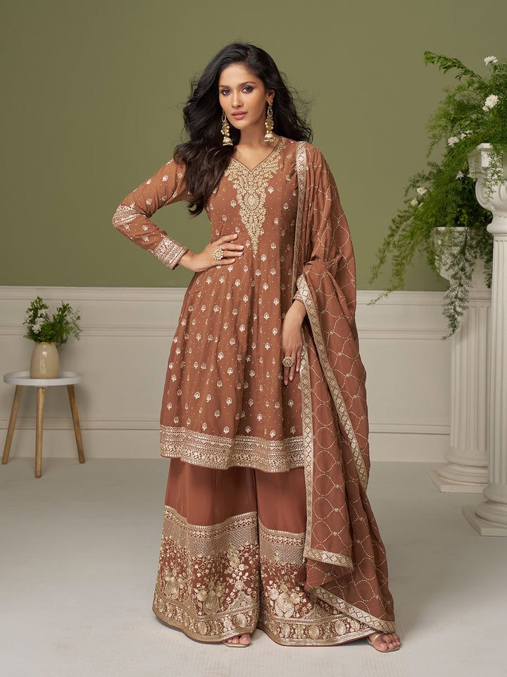 Embroidered Geogrette Kurta With Plazzo &amp; Dupatta
