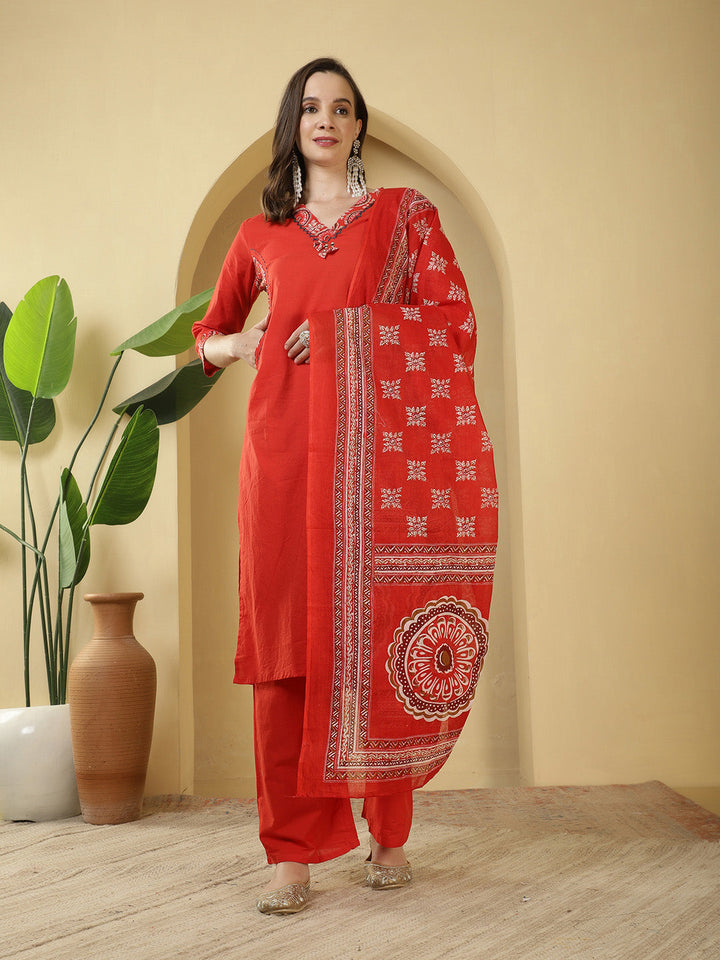 Printed Cotton Blend Kurta With Pants &amp; Dupatta