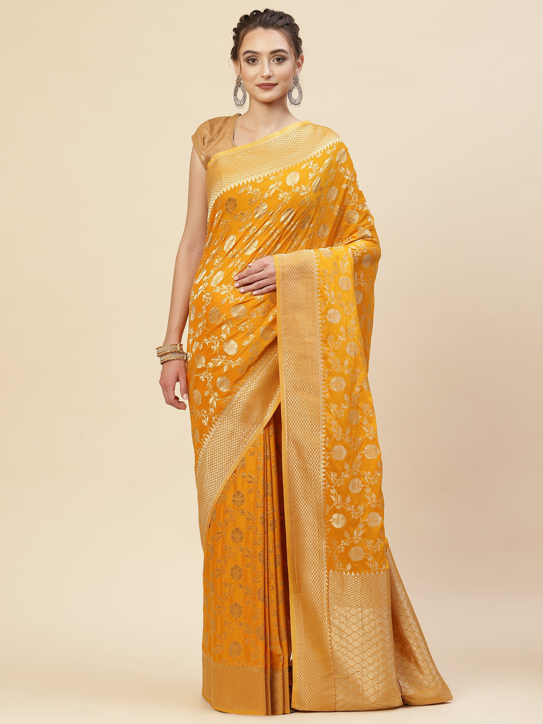 Floral Zari Border Booti Georgette Plain Saree