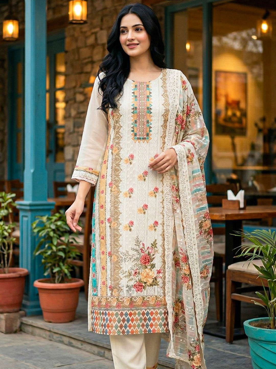 Cream Embroidered Cotton Blend Straight Suit Set With Dupatta
