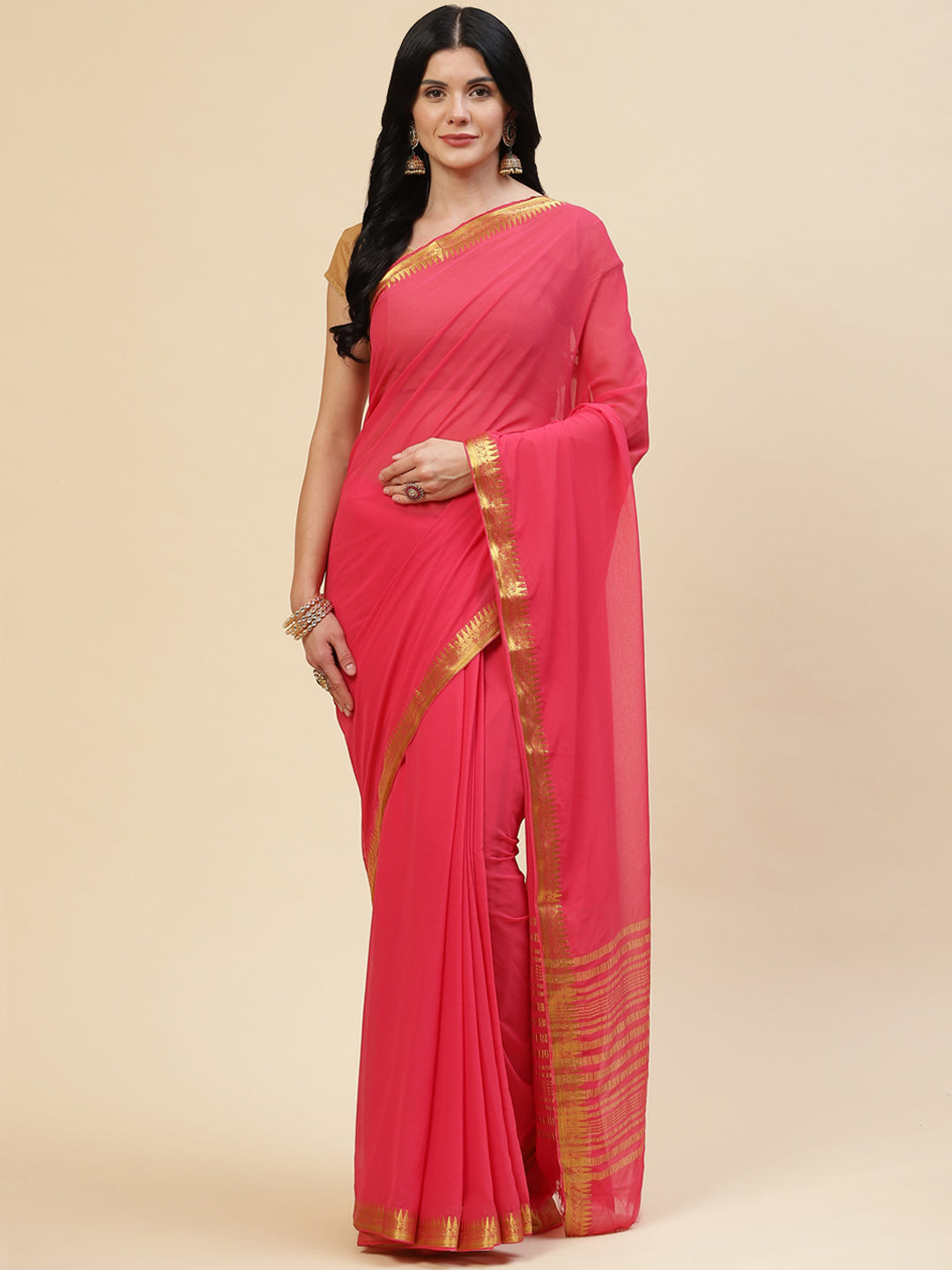 Plain Zari Border Chiffon Saree