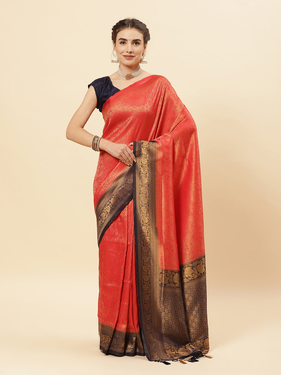 Brocade Zari Jaal Art Handloom Saree With Contrast Border