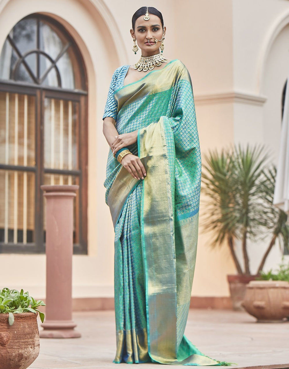 MBZ Meena Bazaar-Lake Blue Kanjivaram Saree