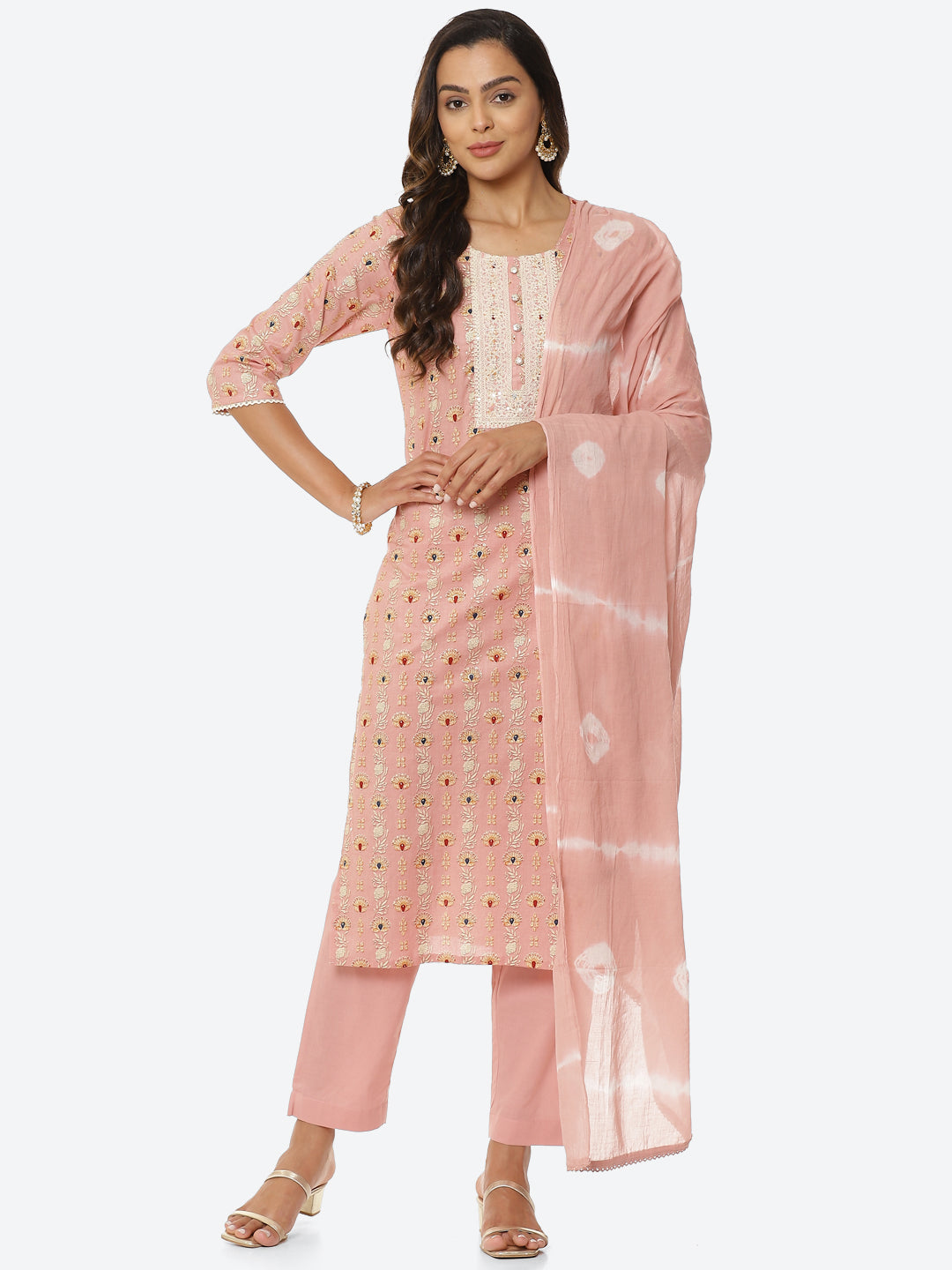 Floral Printed Cotton Kurta With Pant &amp; Cotton Dupatta