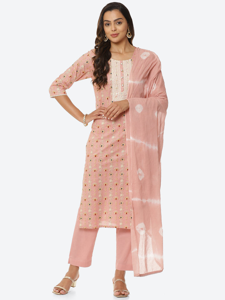 Floral Printed Cotton Kurta With Pant &amp; Cotton Dupatta