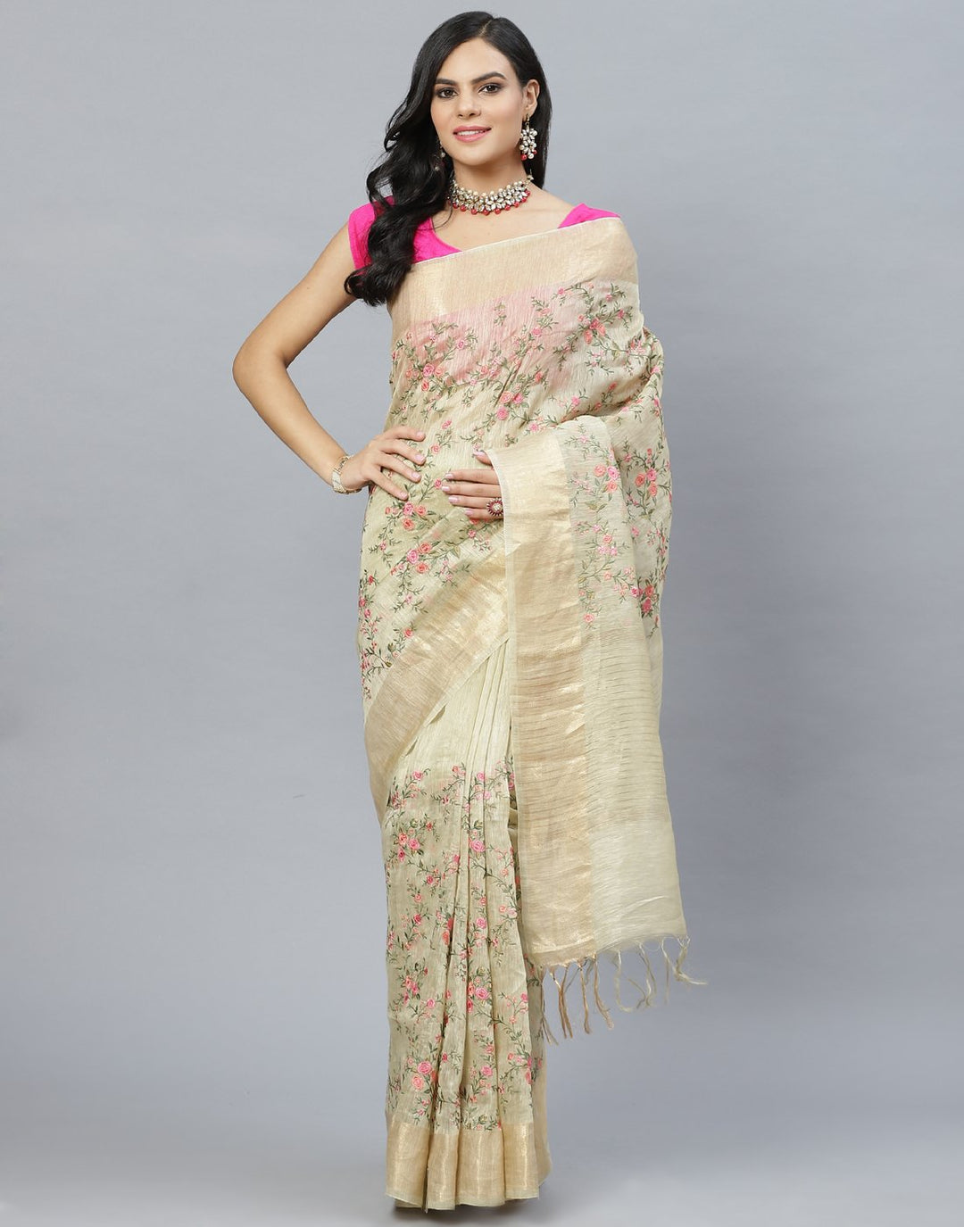 Cotton Linen Embroidery Saree