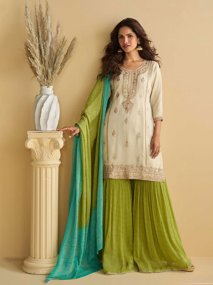 Embroidered Chinon Suit With Pant &amp; Dupatta