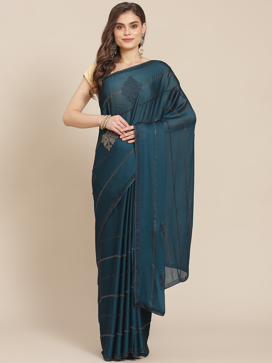 Zari Border Booti Chiffon Plain Saree