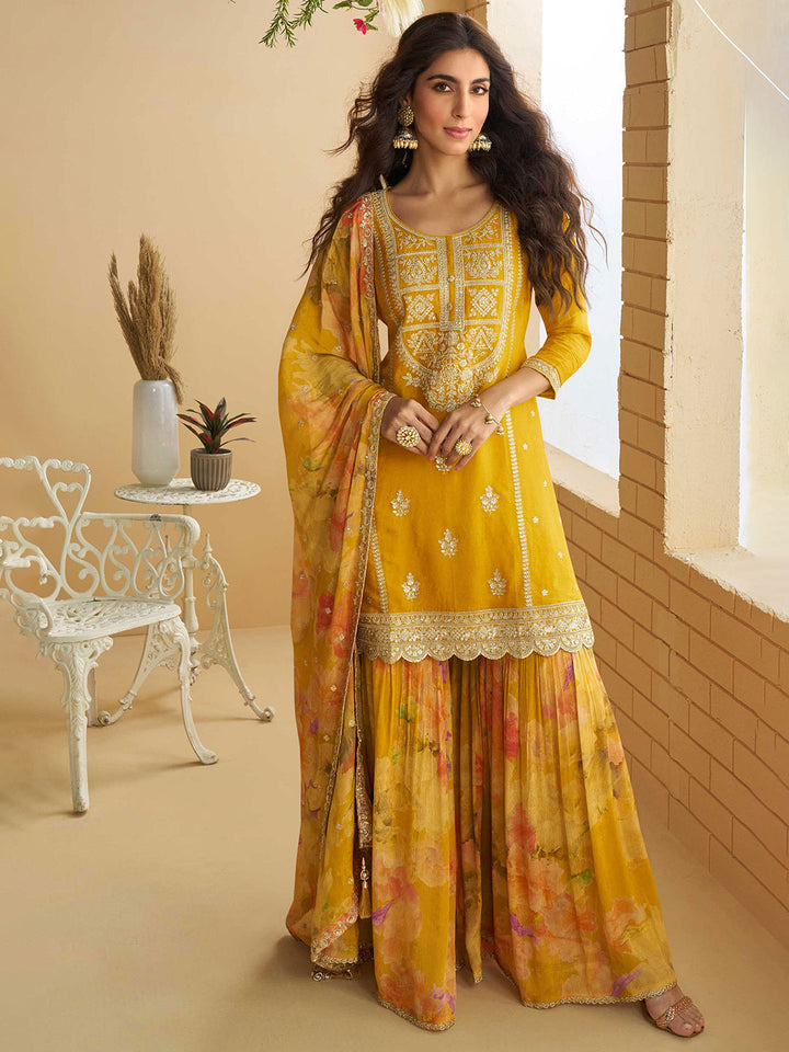 Embroidered Chinnon Kurta With Sharara &amp; Dupatta
