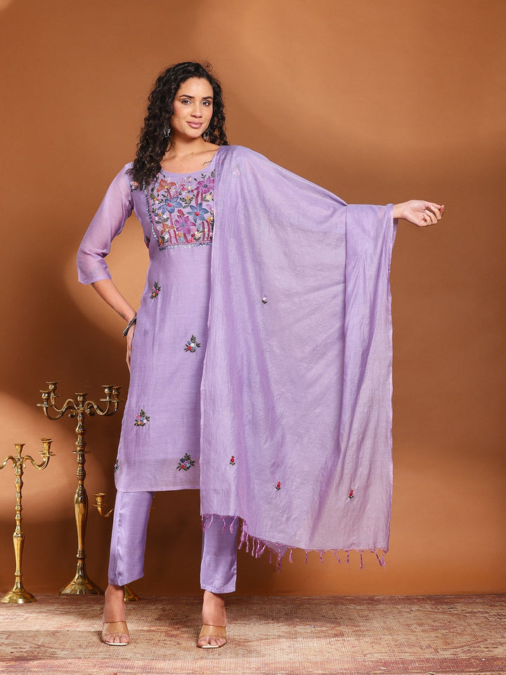 Embroidered Cotton Blend Kurta With Pant &amp; Dupatta