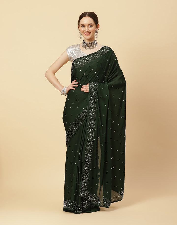 Embroidered Satin Saree With Stone Work