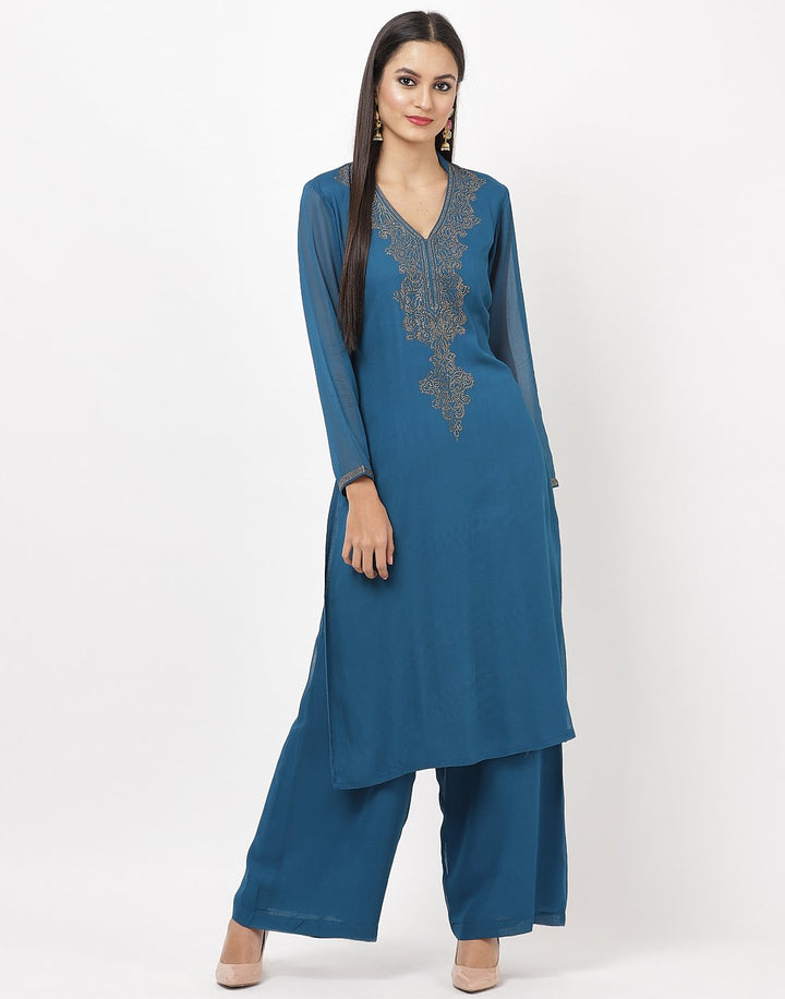 MBZ Meena Bazaar-Teal Blue Georgette Kurti with Palazzo