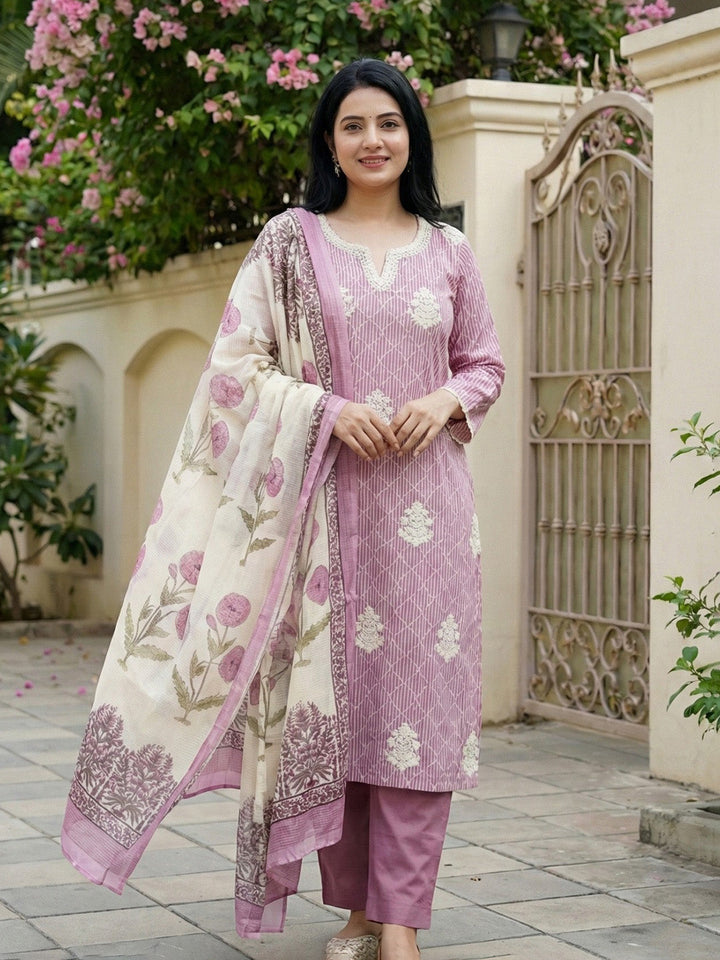Purple Cotton Blend Printed Straight Suit Set