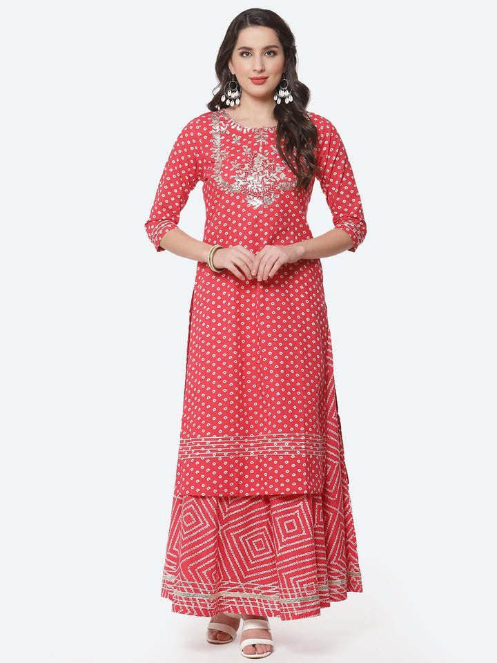 Printed Gota Work Cotton Kurti With Bandhani Printed Skirt