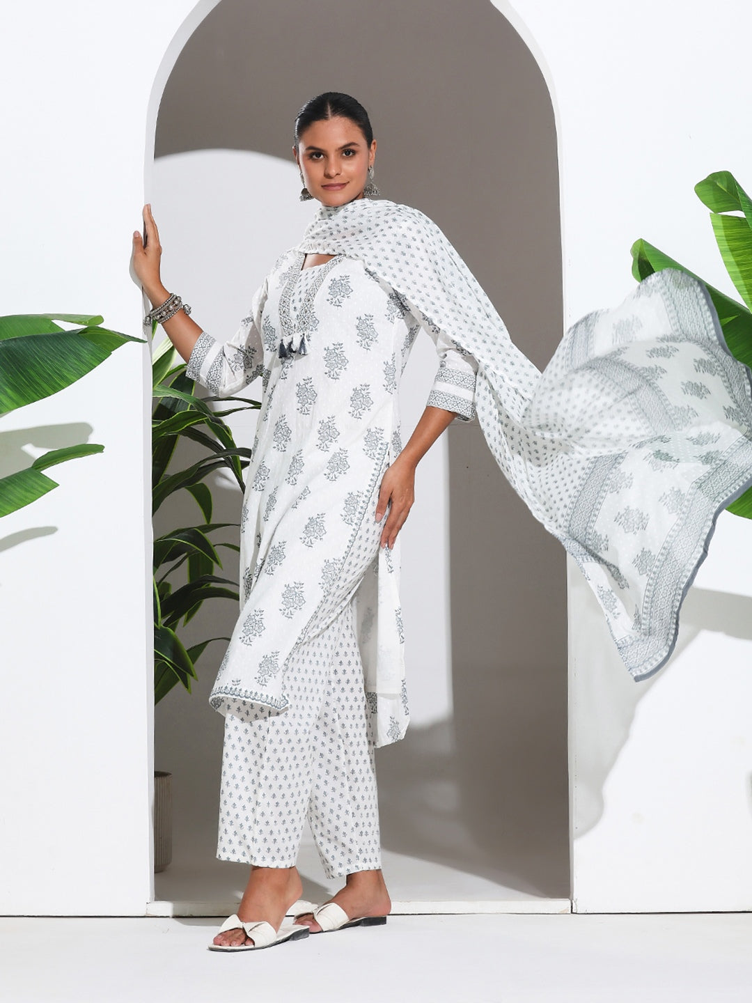 Printed Cotton Blend Kurta With Pant &amp; Dupatta