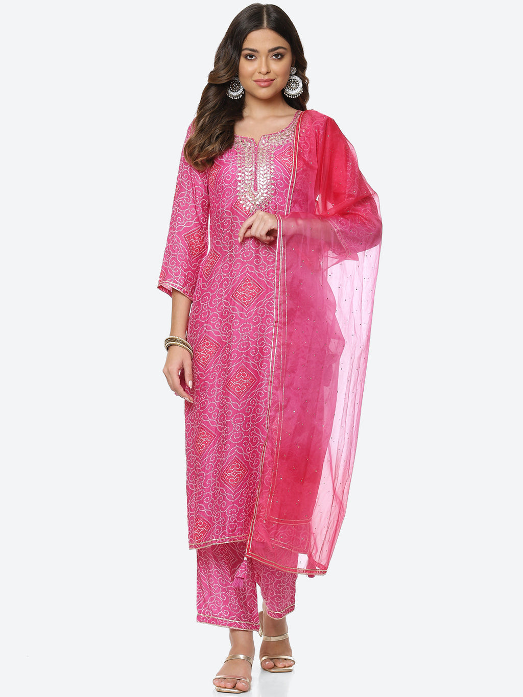 Printed Gota Neck Cotton Kurta With Pant & Dupatta
