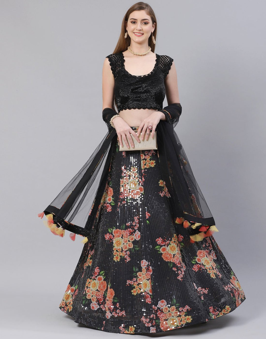 Georgette Floral Sequence Lehenga With Qureshia Work Choli