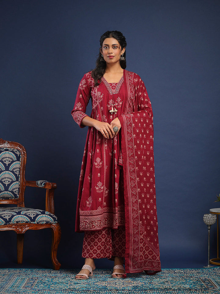 Wine Cotton Blend Printed Straight Suit Set