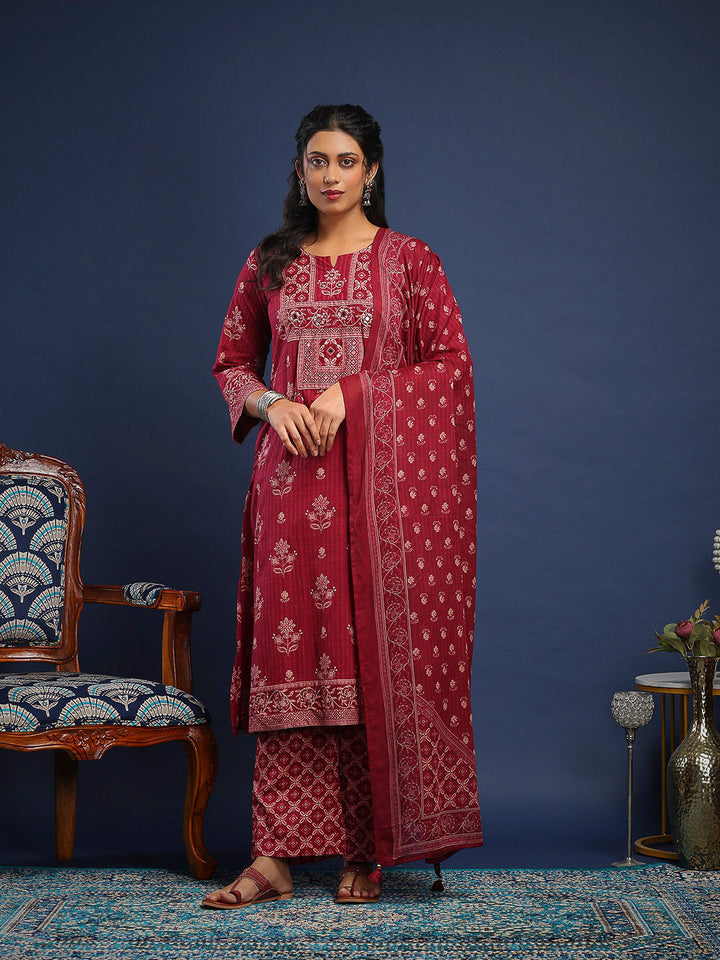 Wine Cotton Blend Printed A Line Suit Set