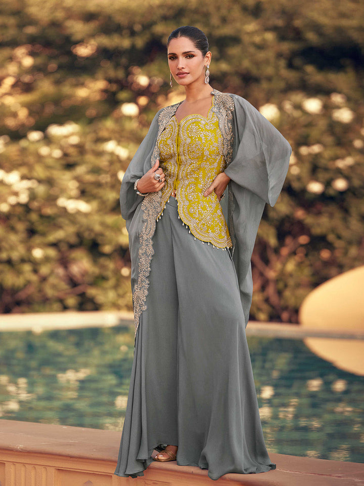 Embroidered Chinon Choli &amp; Plazzo With Shrug