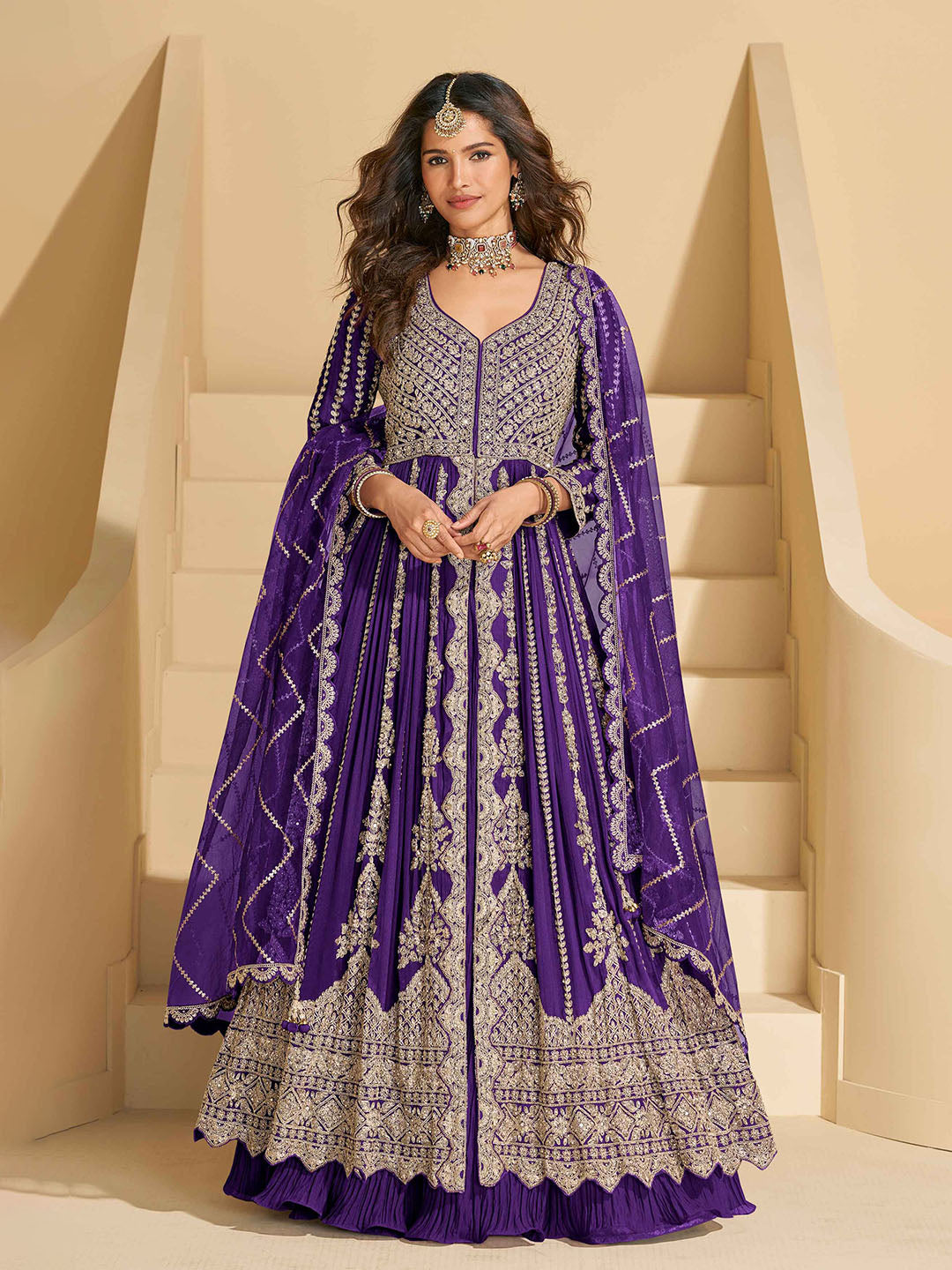 Embroidered Chinon Kurta With Plazzo &amp; Dupatta