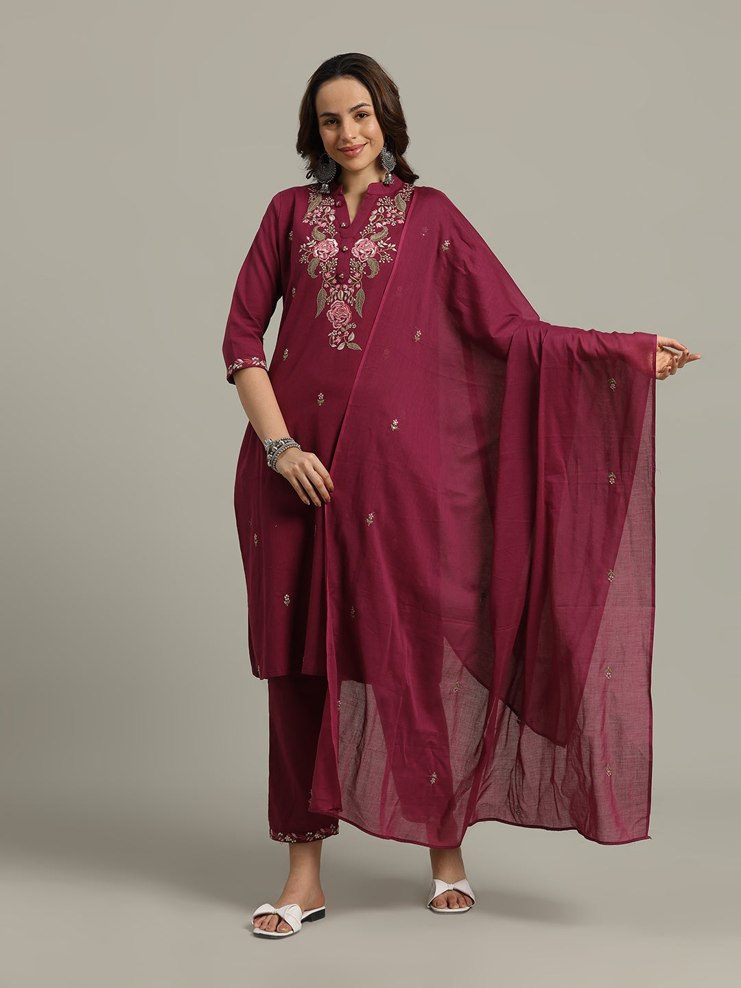 Resham Embroidered Cotton Kurta With Pants &amp; Dupatta