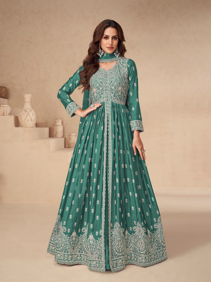 Embroidered Chinon Silk Gown With Plazzo &amp; Dupatta