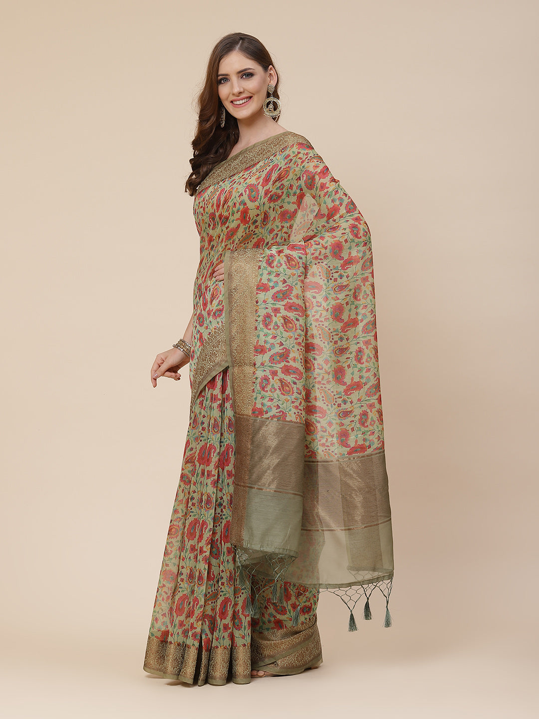 Printed Banarasi Border Pallu Cotton Saree