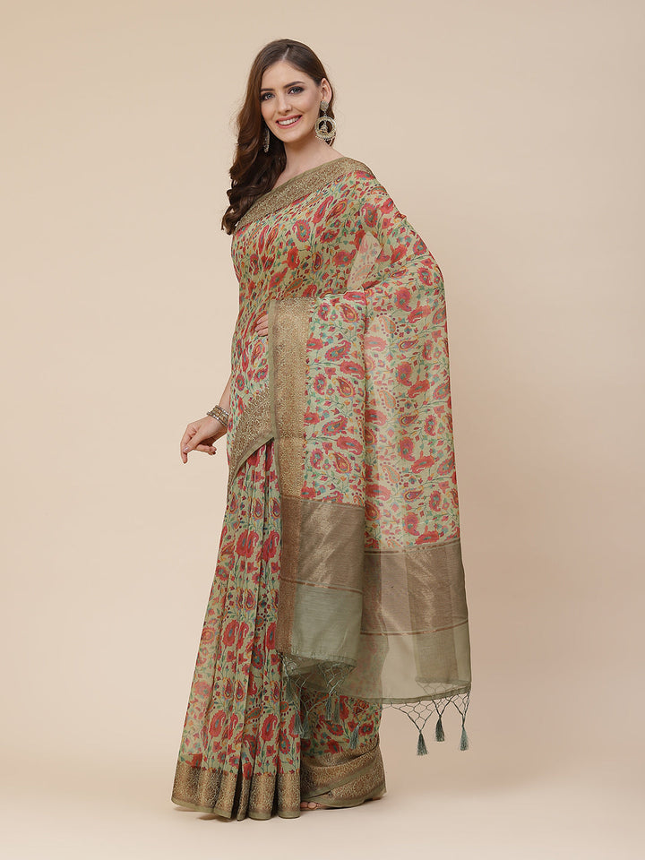 Printed Banarasi Border Pallu Cotton Saree