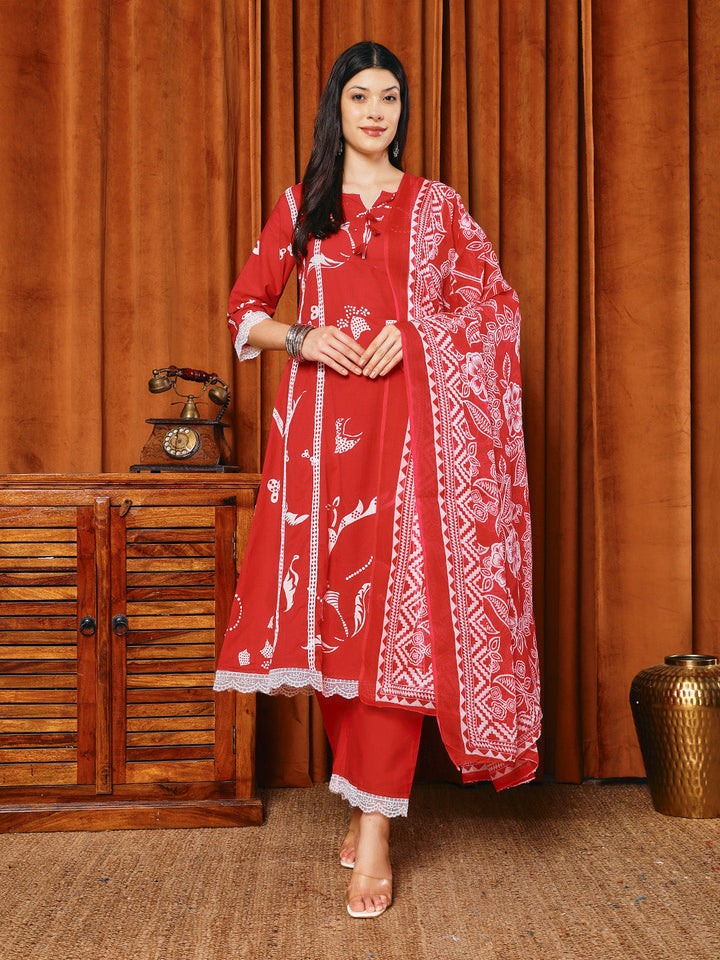 Printed Cotton Blend Kurta With Pants &amp; Dupatta