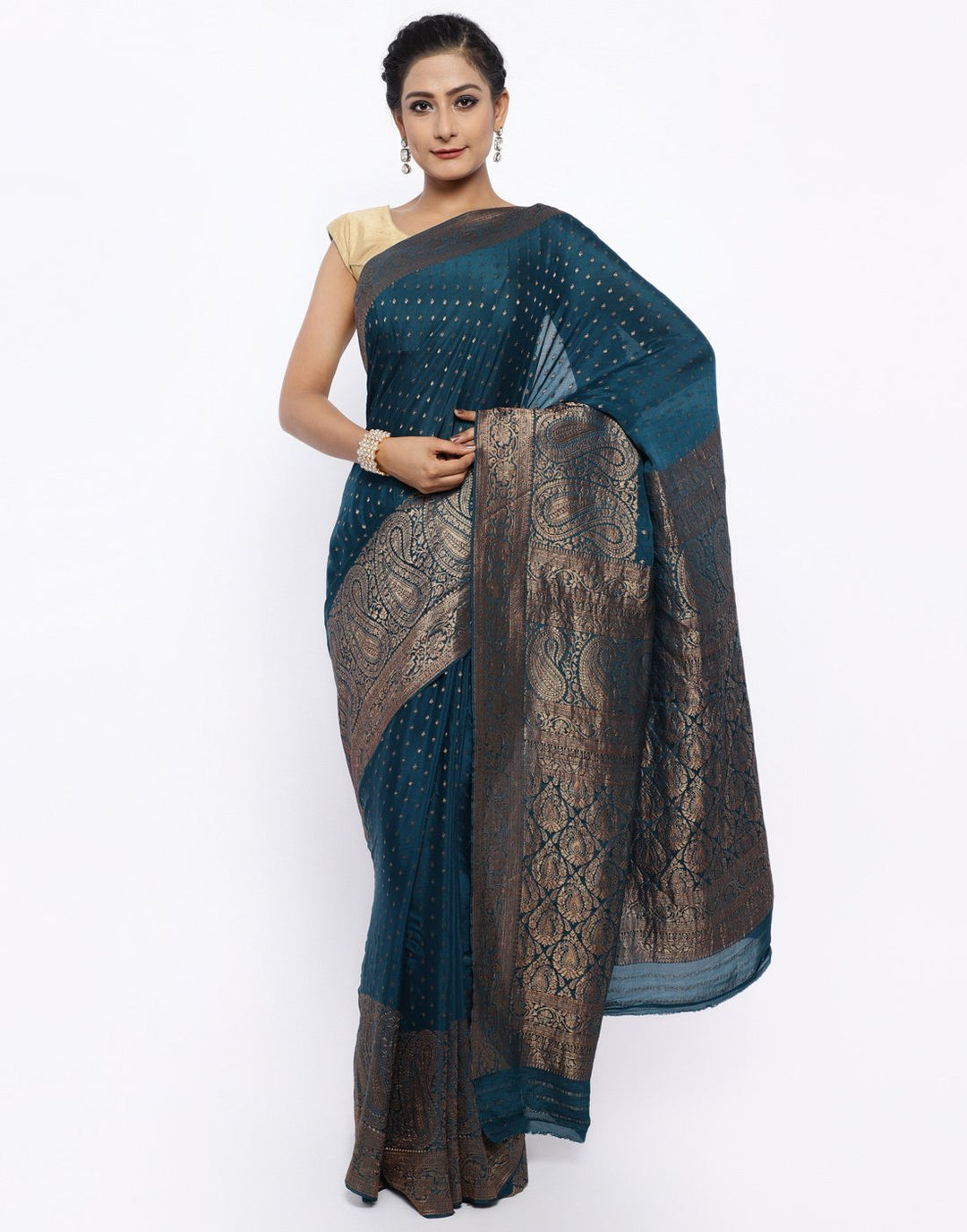 MBZ Meena Bazaar-Zari Border Booti Crepe Saree